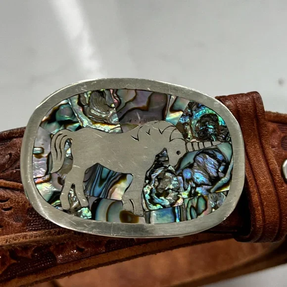 Women’s Brown Leather Belt with Unicorn Abalone Buckle - Picture 3 of 3